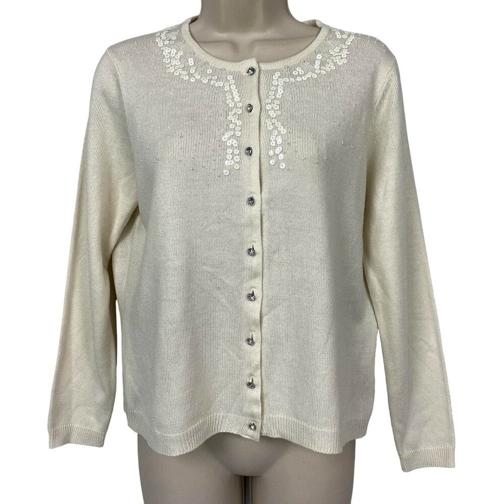 VTG Worthington Cardigan Sweater Petite Large Cream Rhinestone Button Sequin Y2K